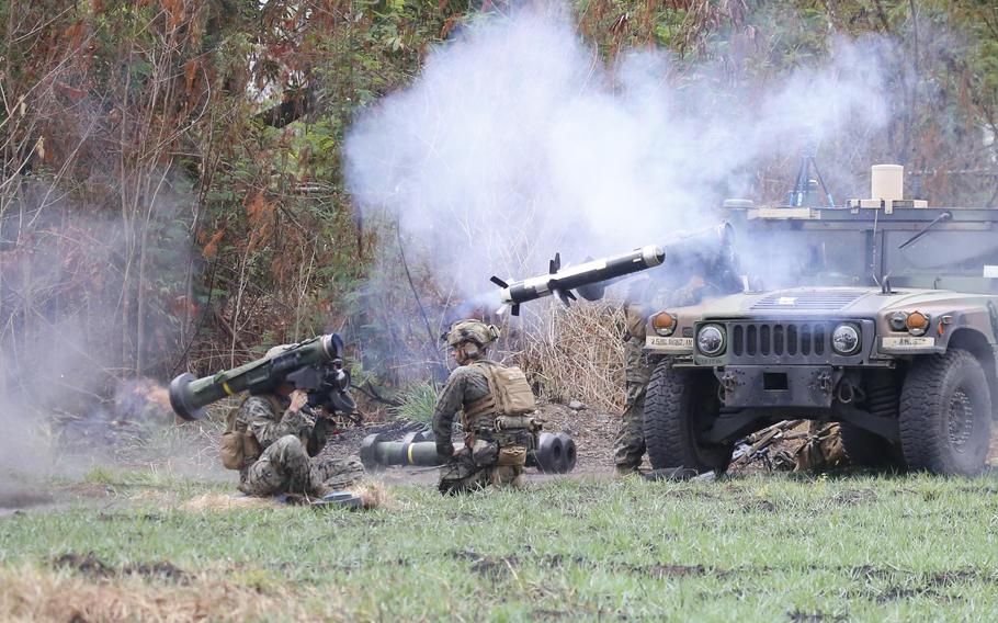 A U.S. Marine fires a Javelin anti-tank missile during a Balikatan drill at Fort Magsaysay, Philippines, Thursday, April 13, 2023.