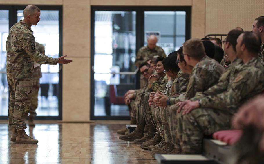 Sgt. Maj. of the Army Michael A. Grinston addresses 1st Infantry Division’s artillery soldiers during a town hall held at Forward Operation Site Adazi in Latvia on May 2, 2022. Grinston is the Army chief of staff’s adviser on matters affecting the enlisted force and devotes most of his time traveling to observe training and interacting with soldiers and their families.