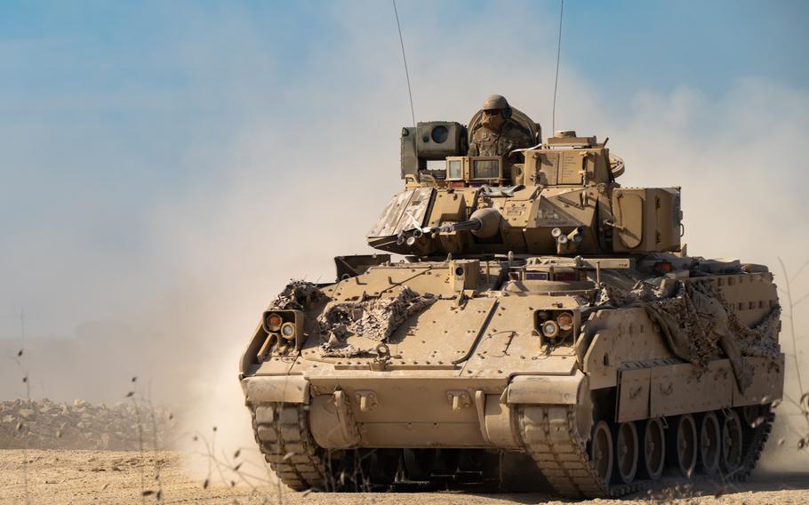 A M2 Bradley Infantry Fighting Vehicle drives during a combined-arms, live-fire exercise at Fort Cavazos, Texas, on Jan. 20, 2024. 
