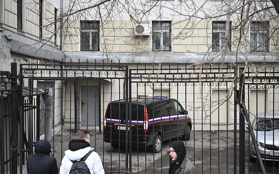 Cars are seen parked in the yard of the Lefortovsky court, which is reportedly set to hold a remand hearing into the case against Evan Gershkovich, a U.S. journalist working for the Wall Street Journal detained in Russia on suspicion of spying for Washington, in Moscow on March 30, 2023. 