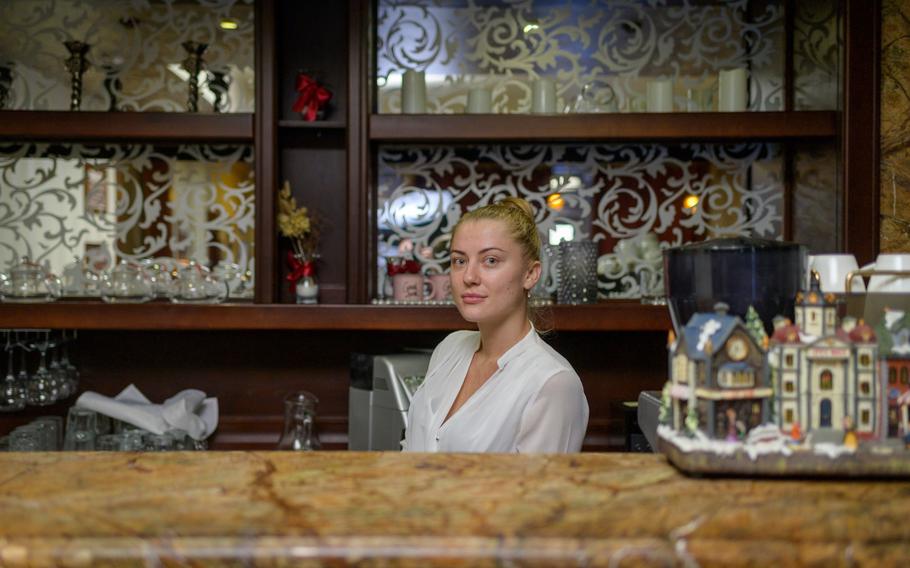 Irina Vershinyok, waitress and former teacher, at a restaurant inside the Bordo Hotel in Kherson, Ukraine, on Jan. 20, 2022. 