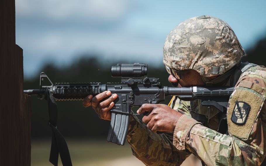 Sgt. Javion Siders, assigned to the 982nd Combat Camera Company (Airborne), conducts M4 Carbine marksmanship qualifications on Fort Jackson, S.C., April 9, 2022. 