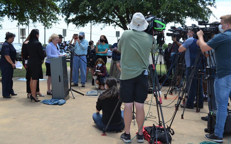 Rep. Sylvia Garcia, D-Texas, who represents Houston, tells media gathered outside the gate to Fort Hood, Texas, on June 23, 2020, that Army investigators believe Spc. Vanessa Guillen’s disappearance is the result of “foul play.”