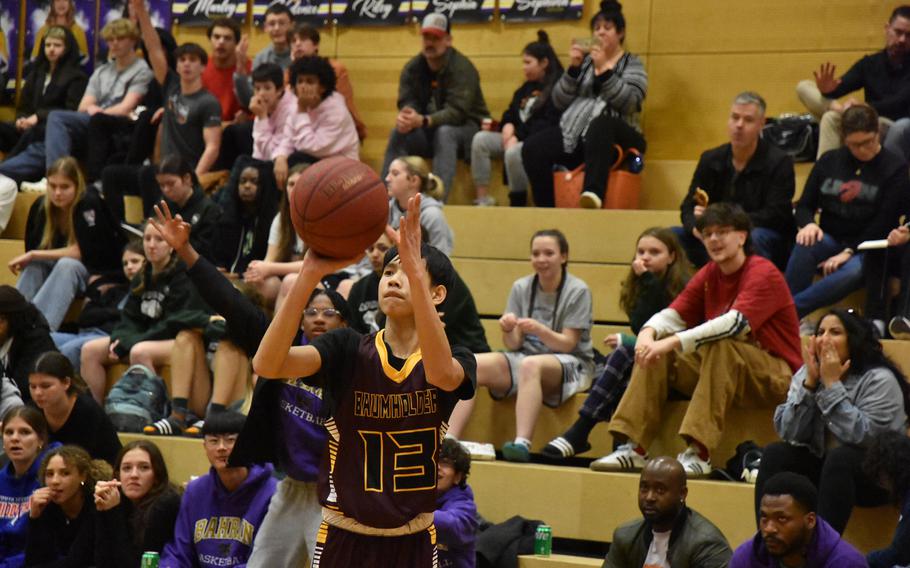 Baumholder’s Wryson Catalan gets set to shoot from long range in a Division I semifinal Friday, Feb. 16, 2024, at the DODEA European Basketball Championships in Wiesbaden, Germany.