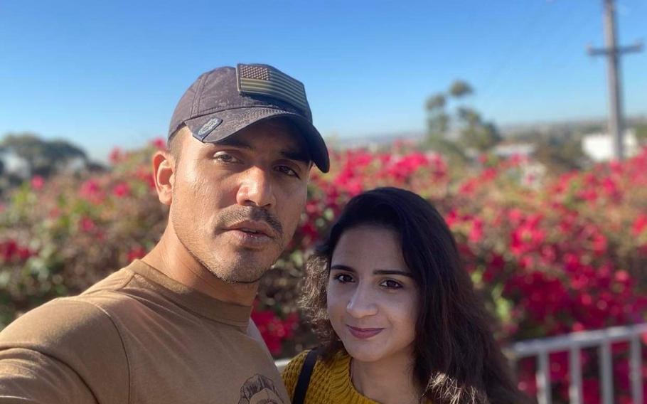 Hekmat Ghawsi, a naturalized American citizen and former combat interpreter in Afghanistan, takes a selfie with his wife, Laily. Visa delays and the Taliban's takeover of Afghanistan left her stranded in the country. Her husband, with help from military veterans he served with, worked to evacuate her to America last fall.