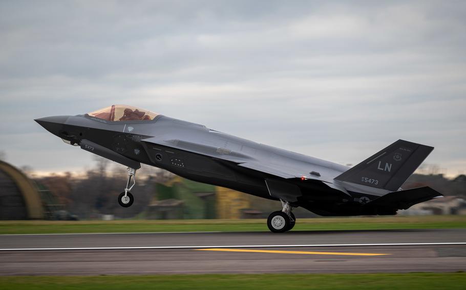 A U.S. Air Force F-35A Lightning II assigned to RAF Lakenheath’s 495th Fighter Squadron lands at the air base Dec. 15, 2021. RAF Lakenheath became the first U.S. air base in Europe to receive an F-35A.