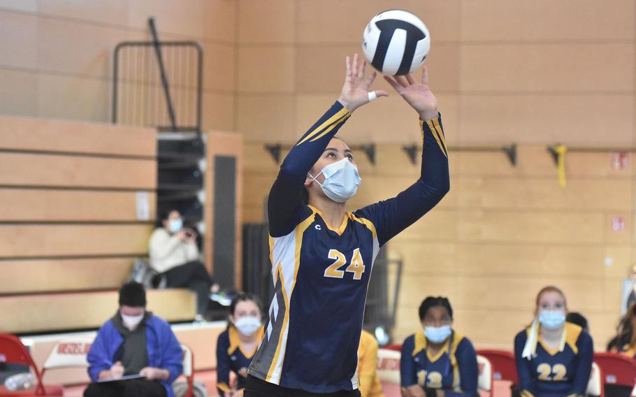 Ansbach's Tessa Stanley pushes the ball toward the net during round-robin play Friday, Oct. 29, 2021, at the DODEA-Europe Division III tournament at Kaiserslautern, Germany.