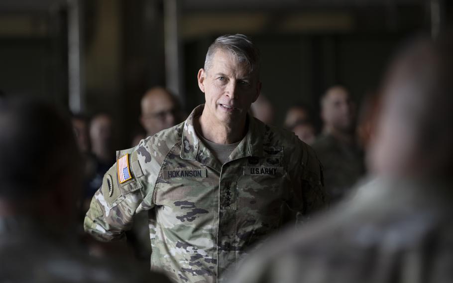 Army Gen. Daniel R. Hokanson, chief of the National Guard Bureau, engages with airmen at Muñiz Air National Guard Base, Carolina, Puerto Rico, on Feb. 5, 2023. 