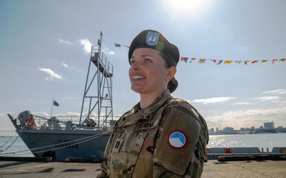 Army Capt. Miata Schenaker commands the 5th Transportation Company, which was reactivated aboard the USAV Calaboza at Yokohama North Dock, Japan, Thursday, Feb. 8, 2024. 