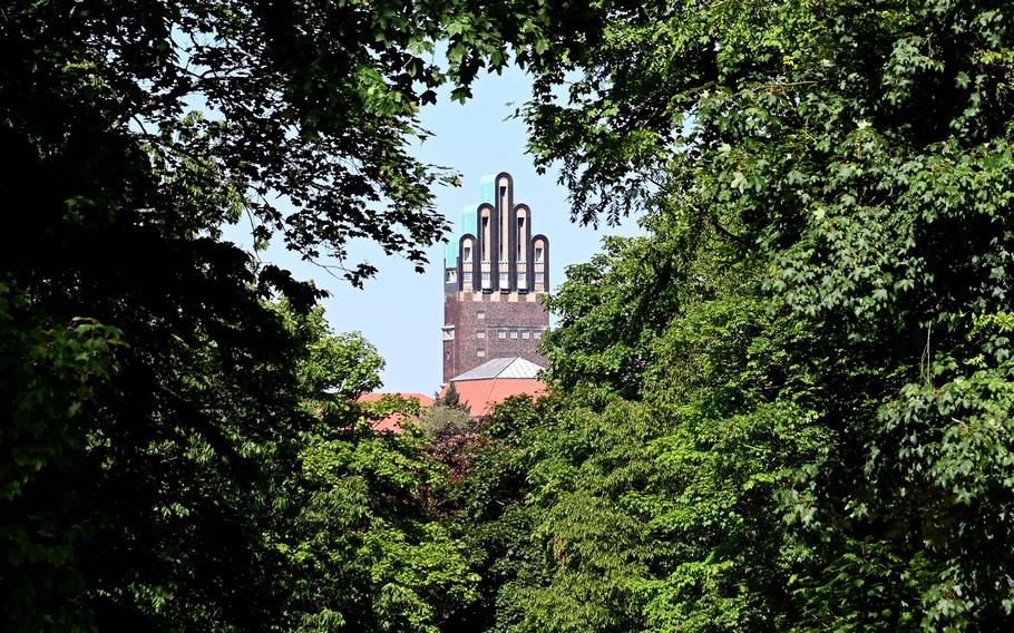 A view of the Wedding Tower, Darmstadt, Germany’s most famous landmark, as seen from the Rosenhoehe Park.