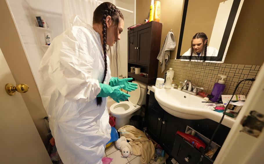 Brogan Ingram tackles a bathroom.  Though the messes are sometimes a bit intense and require her to have “an iron stomach,” Ingram says the work is rewarding and impactful. “A few days of my time changes the entire course of their life,” she says. “They go from having no hope at all, and living like that for years, to a clean slate without that constant stress and overwhelm.”