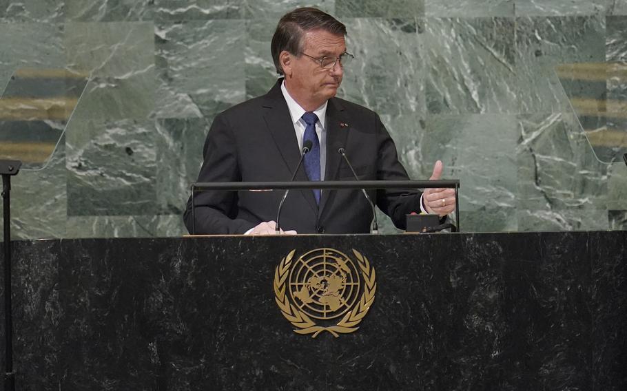 Brazil President Jair Bolsonaro addresses the 77th session of the General Assembly at United Nations headquarters, Tuesday, Sept. 20, 2022. 