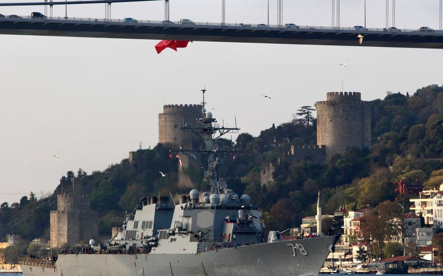 The USS Porter sails by Istanbul, Oct. 30, 2021. The destroyer is on a routine patrol in the Black Sea after finishing participation in NATO exercises in the Aegean Sea, Navy officials said.