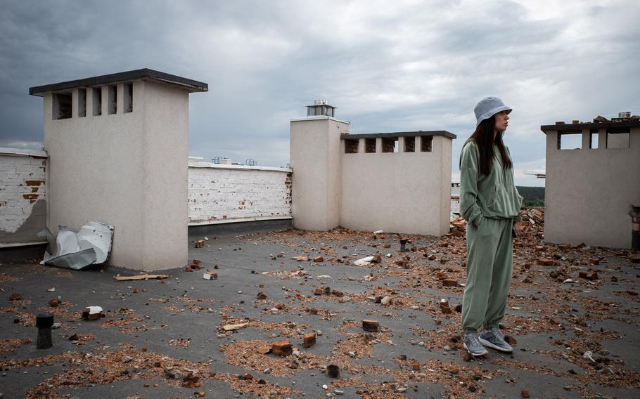 Masha Maas on the roof of a building in Hostomel in May. 