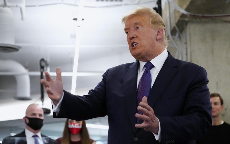  President Donald Trump speaks at the Trump campaign headquarters on Election Day, Nov. 3, 2020, in Arlington, Va. 