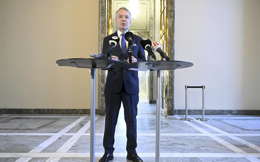 Finland's Foreign Minister Pekka Haavisto speaks during a news conference at the Parliament building in Helsinki, Finland, Tuesday, Jan. 24, 2023. Finland’s top diplomat appears to have suggested that the country may have to join NATO without Sweden, after Turkey’s president cast doubt on expansion of the military alliance. 