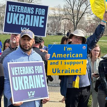 Supporters of more military aid to Ukraine listen during a rally on Capitol Hill on Wednesday, March 13, 2024.