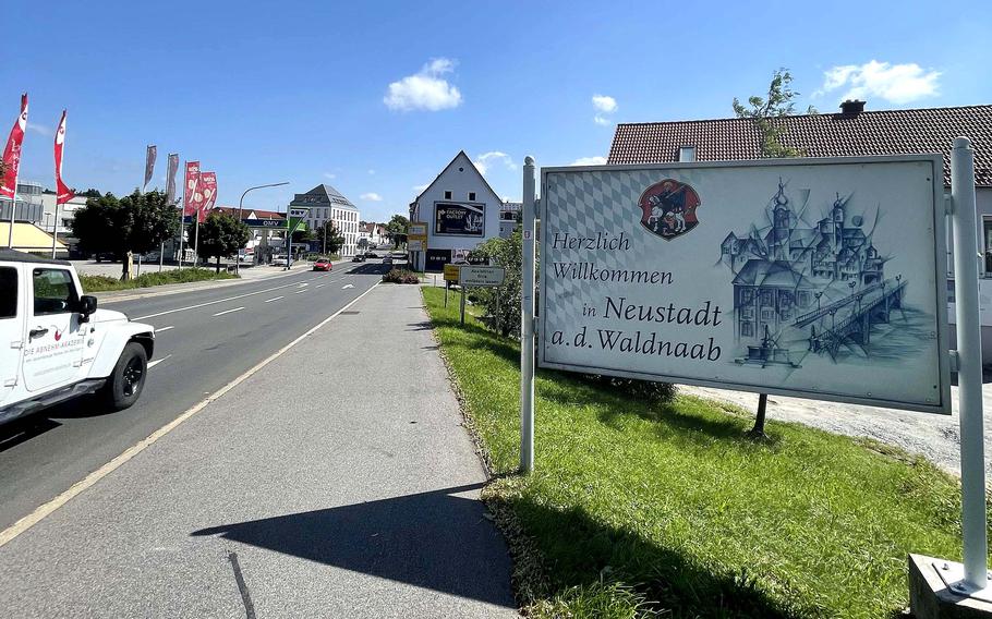 The entrance to Neustadt an der Waldnaab, Germany, in July 2021. Neustadt is known for its popular cycling trails.