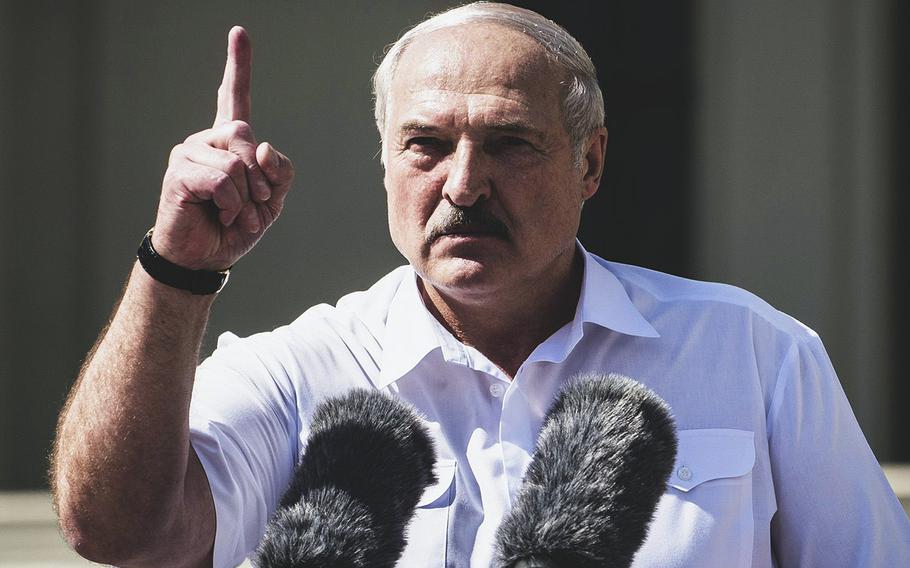 Alexander Lukashenko, Belarus’s president, gestures while giving a speech during a rally of his supporters in Independence Square in Minsk, Belarus, on Aug. 16, 2020.