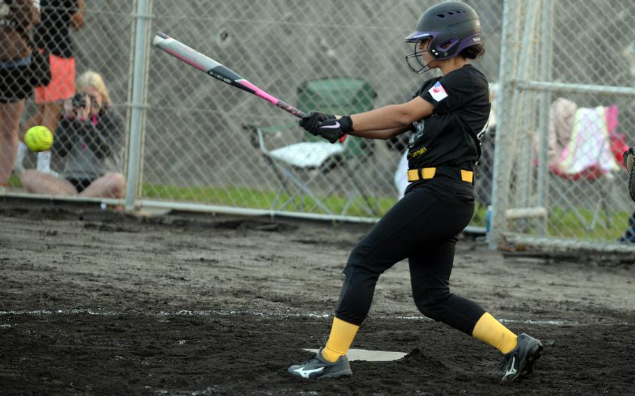 Kadena's Ani Mendoza connects against Kubasaki during Tuesday's DODEA-Okinawa softball game. The Panthers won 8-2 and took a 2-0 season-series lead.