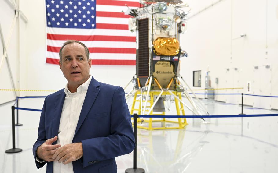 Stephen Altemus, Intuitive Machines CEO, speaks about the IM-1 Lunar Lander, Nova-C, before it is shipped to Cape Canaveral, Fla., for launch on a Falcon 9 rocket. 