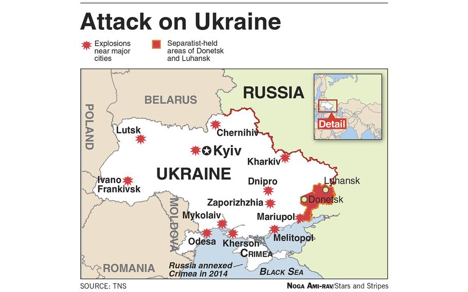“It is our assessment that Russian President Vladimir Putin was prepared to go in big and threaten Kyiv [Ukraine’s capital],” a U.S. Defense Department official said Thursday, Feb. 24, 2022. “The indications we’ve seen thus far in just these first not even 12 hours are keeping with our assessment earlier that it would be his goal to decapitate this government.”