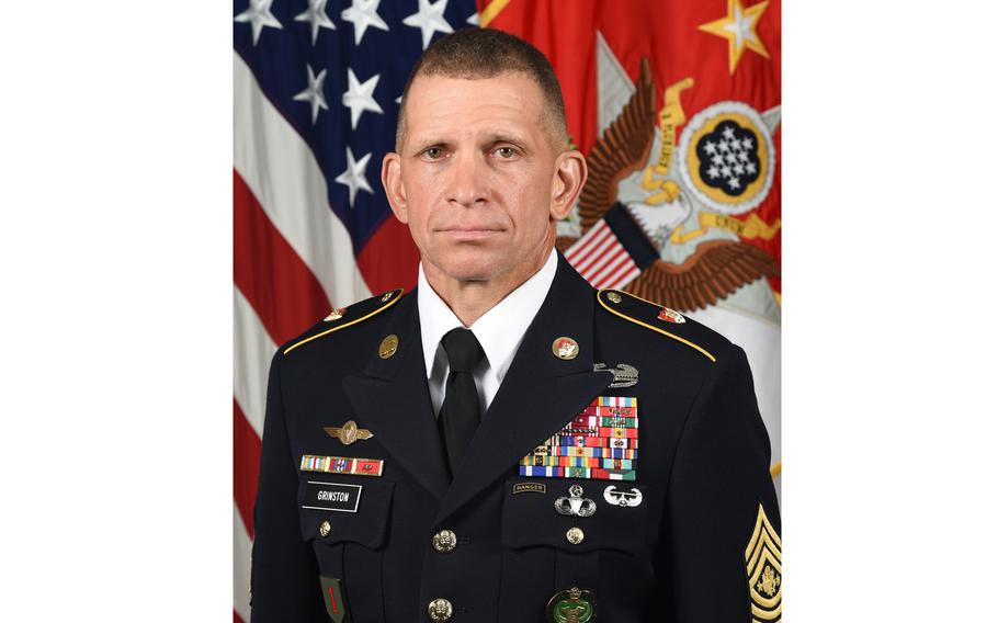 U.S. Army Command Sgt. Maj. Michael A. Grinston, 16th Sergeant Major of the Army, poses for his official portrait in the Army portrait studio at the Pentagon in Arlington, Va, Aug. 12, 2019.  