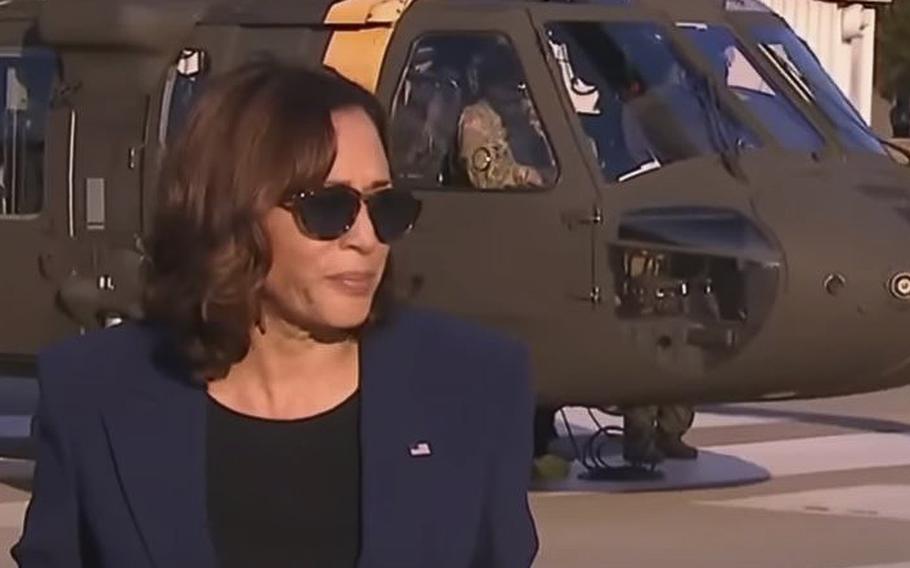 A video screen grab shows Vice President Kamala Harris in front of a U.S. military aircraft at the Demilitarized Zone dividing the Korean peninsula, where she said the U.S. had a strong alliance with the Republic of North Korea.