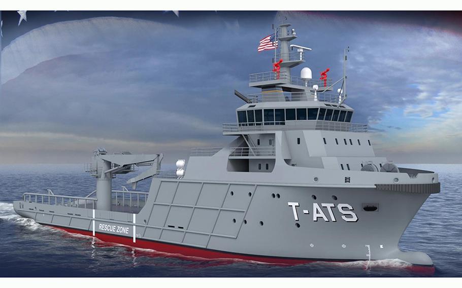 A graphic illustration depicts a future Navajo-class towing, salvage and rescue ship.