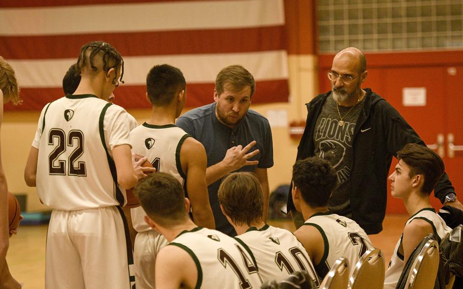 AFNORTH coach Derek Kujat instructs his team during a DODEA-Europe Division III basketball semifinal game Feb. 17, 2023, in Baumholder, Germany.