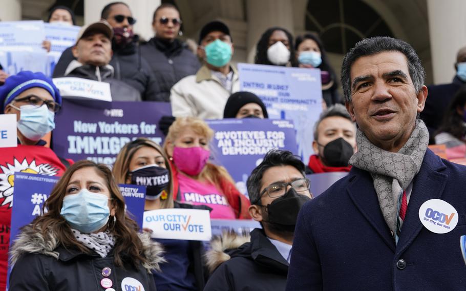 New York City Council Member Ydanis Rodriguez speaks during a rally on the steps of City Hall ahead of a City Council vote to allow lawful permanent residents to cast votes in elections to pick the mayor, City Council members and other municipal officeholders, Thursday, Dec. 9, 2021, in New York. More than 800,000 noncitizens and so-called Dreamers in New York City will have access to the ballot box, and could vote in municipal elections as early as 2023, after Mayor Eric Adams allowed legislation approved by the City Council a month earlier to automatically become law on Sunday, Jan. 9, 2022.