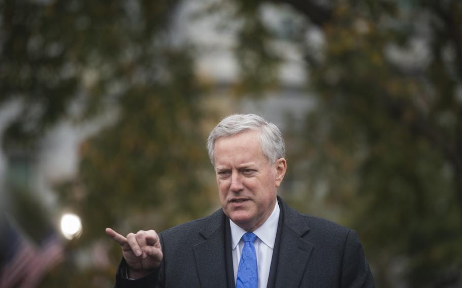 Then-White House Chief of Staff Mark Meadows addresses reporters outside the White House on Oct. 26, 2020.