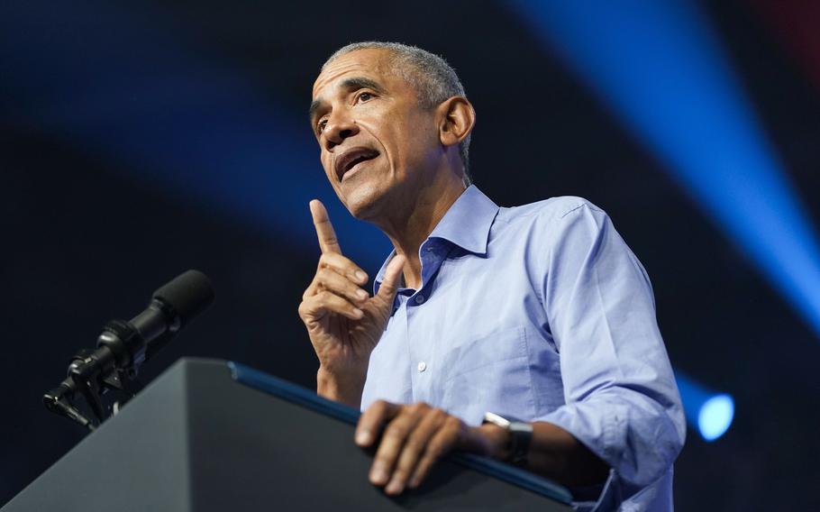 Former President Barack Obama speaks at a campaign rally Nov. 5, 2022, in Philadelphia.