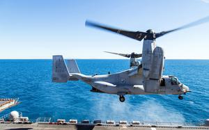 Off the coast of Australia, July 20, 2017: An MV-22B Osprey takes off from the USS Bonhomme Richard near the eastern coast of Queensland, Australia. 

META TAGS: U.S. Navy; deployment; aircraft carrier; 
