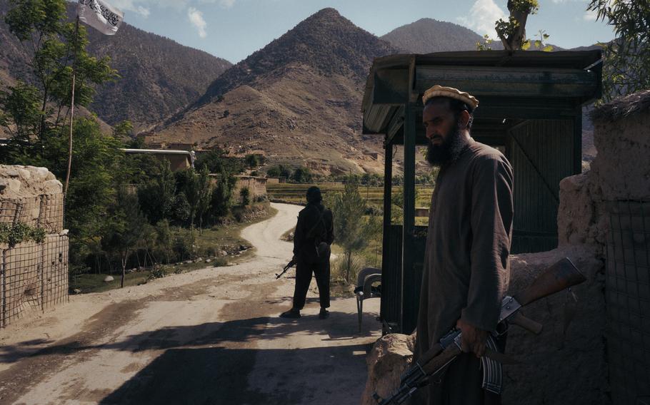 A Taliban checkpoint at the entrance to the Chapa Dara district of Afghanistan’s Konar province in May 2023. 