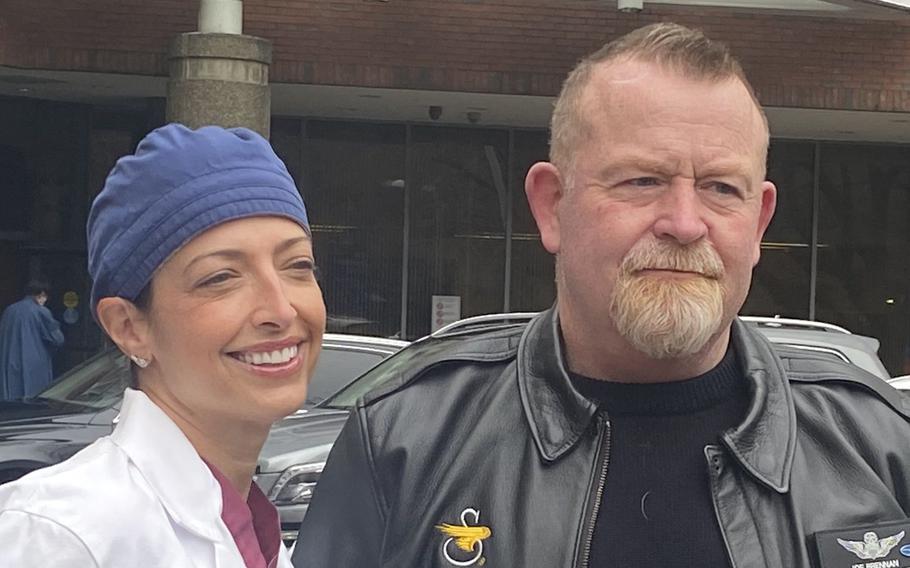 Dr. Jennifer Moliterno, left, removed an aggressive, complicated brain tumor from Army veteran Joe Brennan’s brain. The tumor could have been fatal.