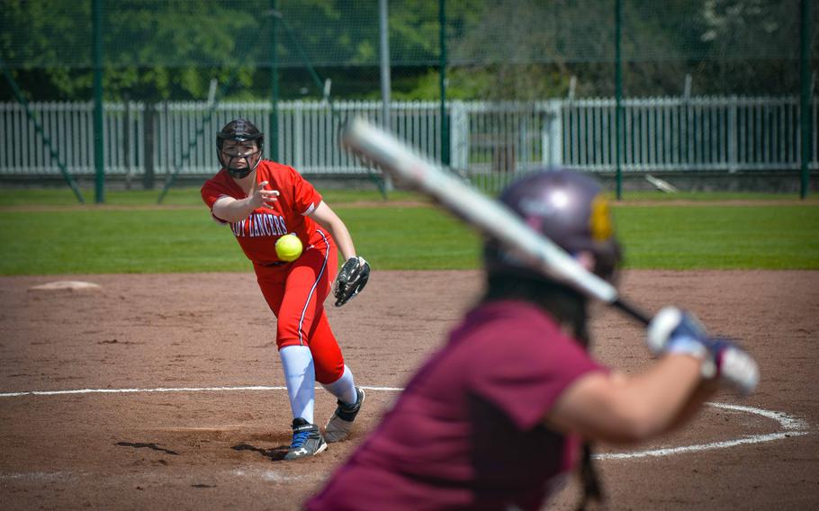 Lakenheath Lancer Kalila Te’o pitches against Vilseck’s Mariana DeJesus during the DODEA-Europe Softball Championships in Kaiserslautern, Germany, May 18, 2023.