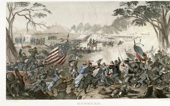 A colored lithograph print of a Civil War battle.