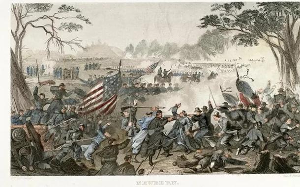 A colored lithograph print of a Civil War battle.