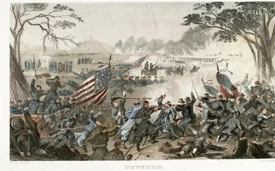 A colored lithograph print of a Civil War battle.