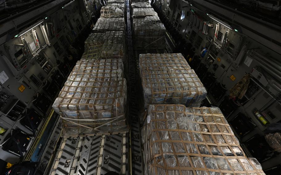 A U.S. Air Force C-17 Globemaster is loaded Nov. 28, 2023, with more than 54,000 pounds of humanitarian supplies that the Pentagon sent for delivery to Gaza.