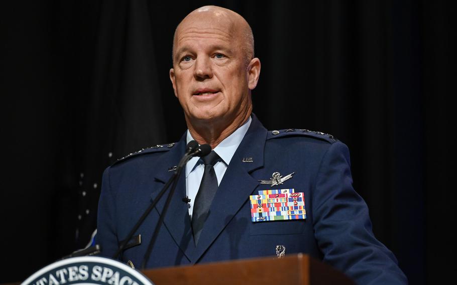 Chief of Space Operations Gen. John W. Raymond delivers remarks during a ceremony at the Pentagon transferring airmen into the U.S. Space Force on Sept. 15. About 300 Airmen at bases worldwide, including 22 in the audience, transferred during the ceremony.