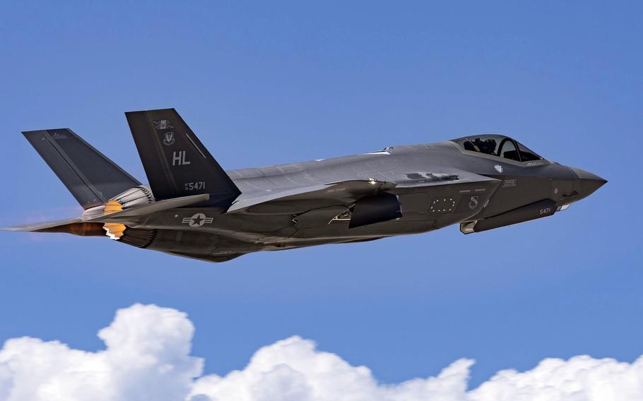 An F-35A Lightning II assigned to Hill Air Force Base in Utah takes off for a mission in 2022. The Air Force announced April 18, 2023, that Barnes Air National Guard Base in Massachusetts had been selected as the preferred location to host the next F-35A squadron. 