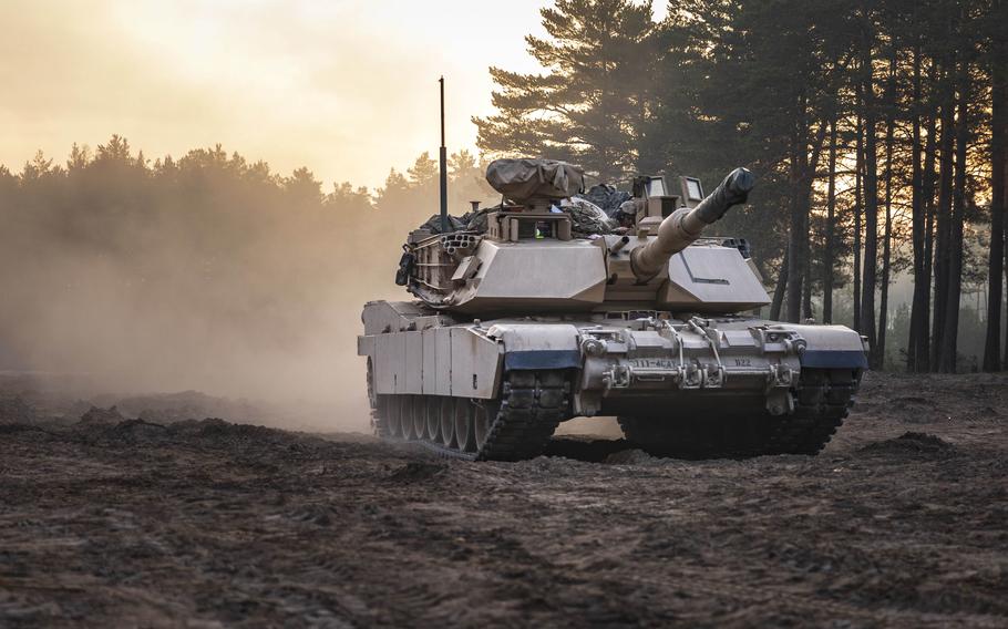 A U.S. Army M1A2 Abrams main battle tank rumbles across the Johanna Range near Zagan, Poland in 2019. Defense Secretary Lloyd Austin said Feb. 18, 2022, that the U.S. has agreed to sell 250 M1A2 tanks to Poland.