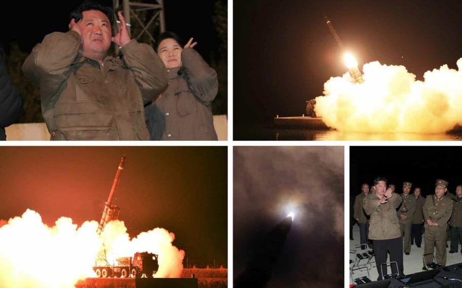 North Korean leader Kim Jong Un watches a missile launch in this image released by the state-run Korean Central News Agency on Oct. 10, 2022.