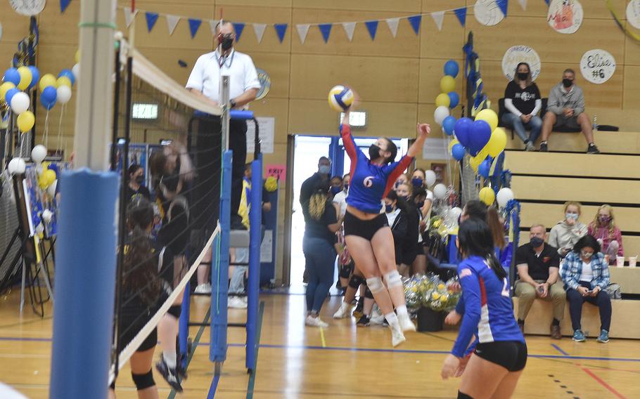 Ramstein’s Isabella Adkins hits the ball during the Ramstein- Stuttgart game played in Wiesbaden on Saturday, Oct. 9, 2021. 