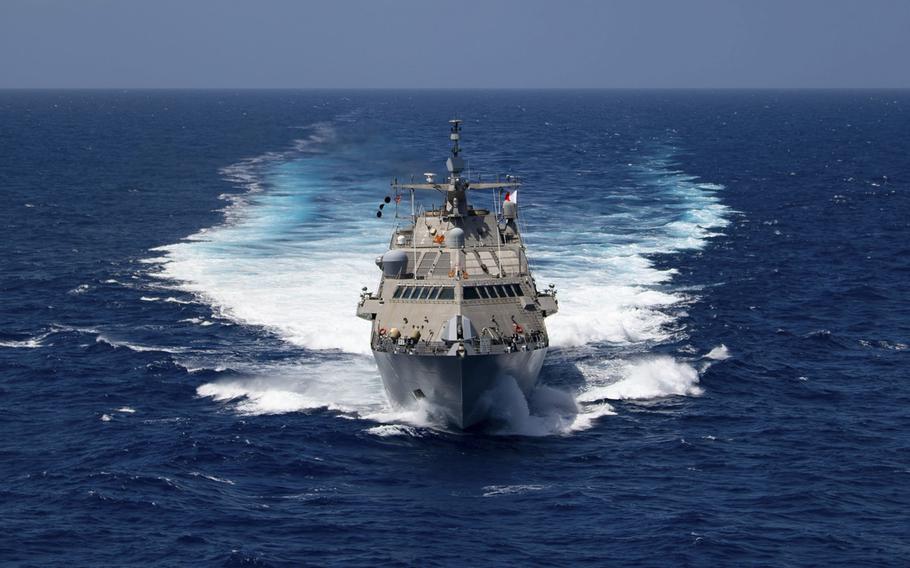  The Freedom-class littoral combat ship USS Little Rock (LCS 9) is underway in the Caribbean Sea on Feb. 16, 2020. 