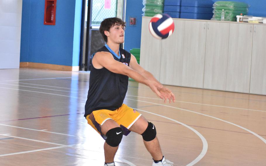 Bahrain libero Cayden Dinkler bumps the ball to start off his team's attack in a match against Sigonella on Thursday, Oct. 27, 2022.

Kent Harris/Stars and Stripes