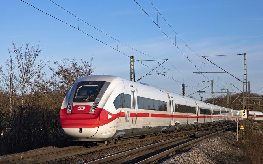 A German Inter-City Express train with symbolic face mask design Dec. 18, 2020. Deutsche Bahn, which operates the German railway system, has announced it will now require travelers nationwide to provide proof of their coronavirus vaccination, recovery or test status.