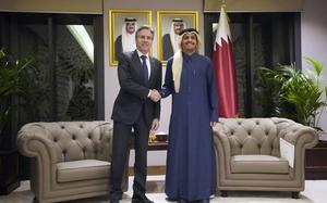 U.S. Secretary of State Antony Blinken (left) meets with Qatar's Prime Minister and Foreign Minister Sheikh Mohammed bin Abdulrahman al-Thani, at Diwan Annex, in Doha on Feb. 6, 2024, during his Middle East tour, his fifth urgent trip to the region since the war between Israel and Hamas in Gaza erupted in October. (Photo by Mark Schiefelbein/Pool/AFP/Getty Images/TNS)